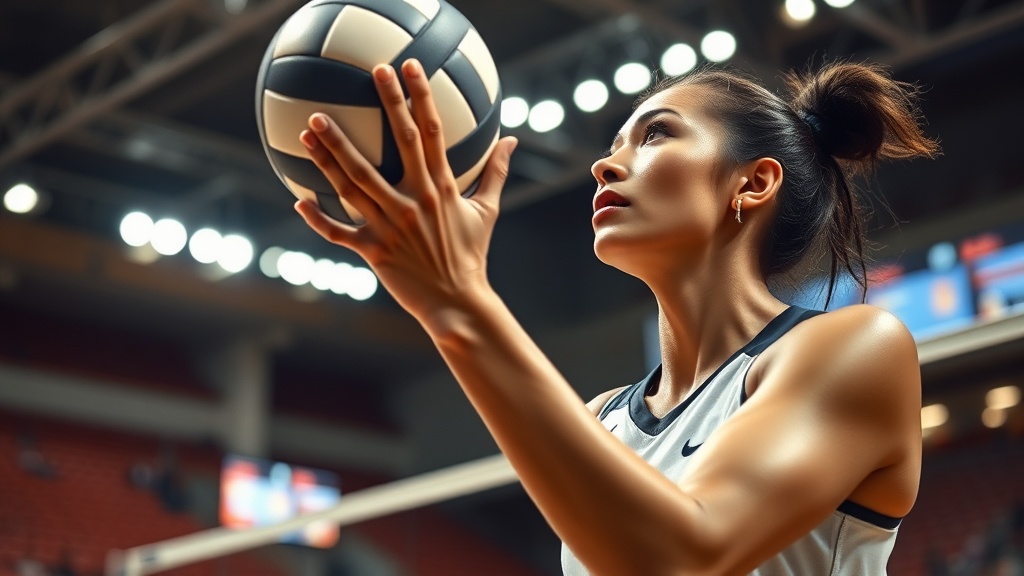 배구 경기장에서 서브 동작을 준비하고 있는 선수의 자세